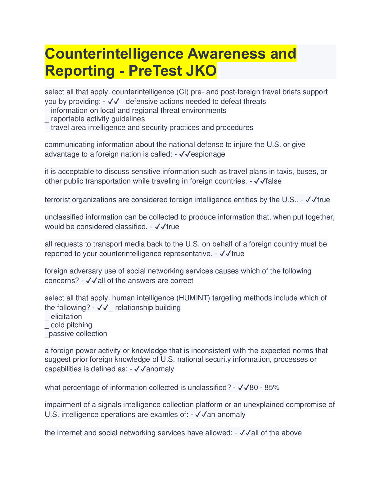Preview image for Counterintelligence Awareness and Reporting - PreTest JKO (questions & answers)